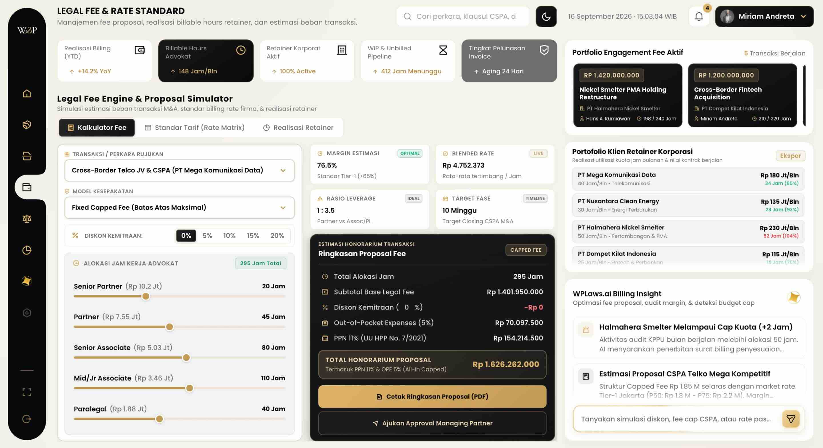WPLaws Legal Fee Estimation & Proposal Simulator Interface