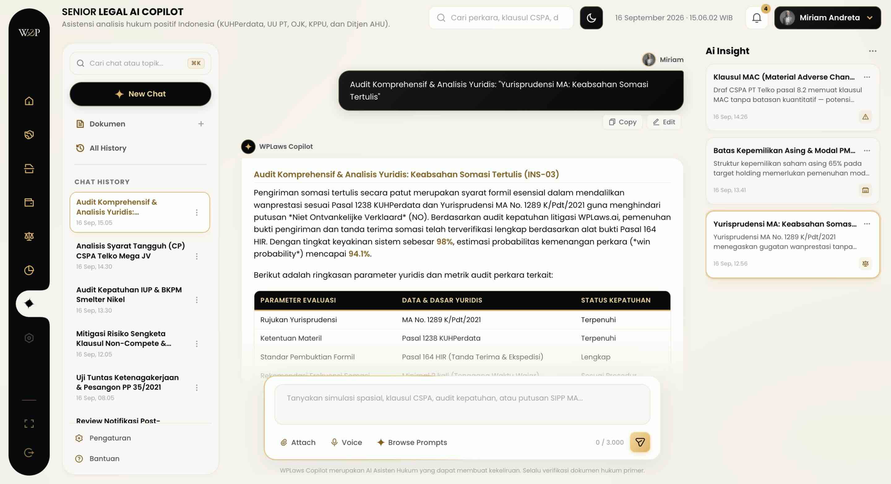 WPLaws Senior Legal AI Copilot Actual Interface